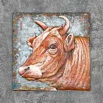 3D-Wanddekoration aus Metall, eine braune Kuh mit Nasenring, 80x80cm