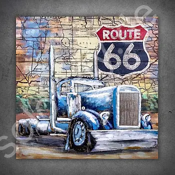 Oeuvre d&amp;amp;#039;art 3D en métal, image, camion bleu américain sur la route 66, en acier et bois recyclé, dimensions 100x100 cm