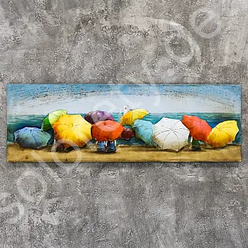 3D metaal schilderij Strand, mensen, parasols 60x180cm
