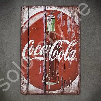 Plaque murale décorative avec texte &amp;amp;quot;Coca-cola&amp;amp;quot; et avec bouteille, aspect vieux bois, en acier, dimensions 20x30 cm