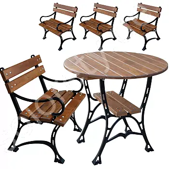 Gietijzeren tuinmeubelset met geïmpregneerde elzen planken, een tafel met een diameter van 100 cm en 4 stoelen met rugleuning en armleuningen