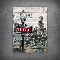 Tableau 3D en métal, tableau, décoration murale Panneau de métro rouge au pied de la Tour Eiffel, dimensions 60x80 cm