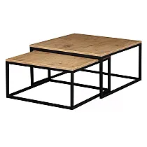 Ruimtebesparende vierkante dubbele salontafel 2 in 1, hoogte 39 cm en 34 cm, breedte 76 cm en 66 cm, met laminaat oppervlak, kleuren zwart, wit, marmer, beton, eiken