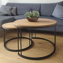 Elegante ronde salontafel set twee in één met metalen dubbele stangen, hoogte 47 cm en 40 cm, diameter 75 cm en 58 cm, laminaat blad kleuren zwart, wit, eiken, marmer, beton
