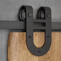 Einflügelige Schiebetürschiene für Holztüren Glückshufeisen bis 130 kg, Länge 2 Meter, schwarze Farbe, an der Wand befestigt