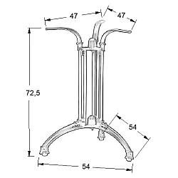Pied de table en fonte, 3 pieds, 54x54 cm, hauteur 72,5 cm, convient pour plateaux jusquà 90x90 cm, poids 12,8 kg